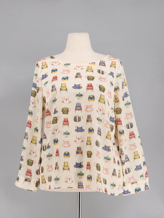 Talbots Tops - TALBOTS Teacup Novelty Print Long-Sleeve Scoop Neck Top Size LP